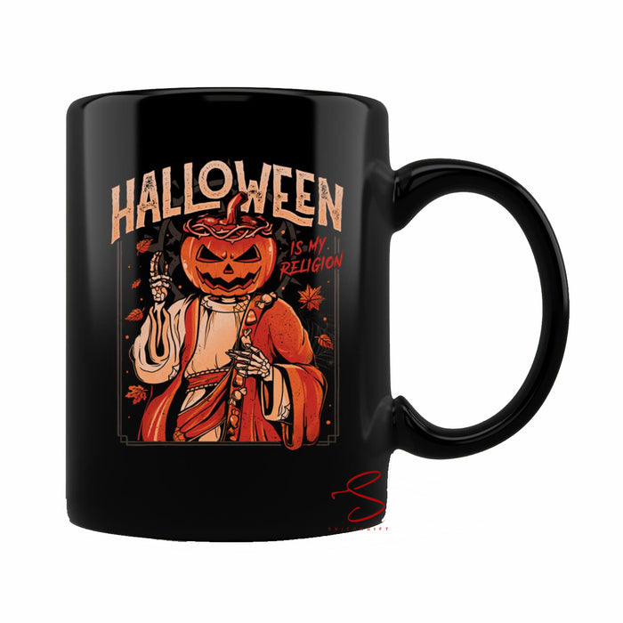 Ceramic Novelty Coffee Mug Spooky Halloween Is My Religion Pumpkin Skull Gift Mug