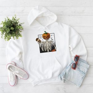 Coffee Drinking Skeleton Pumpkin Halloween Costume Women Hoodie 1 7