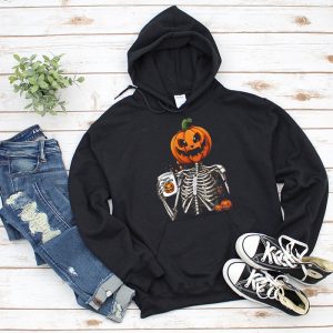 Coffee Drinking Skeleton Pumpkin Halloween Costume Women Hoodie 2 4