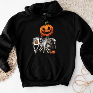 Coffee Drinking Skeleton Pumpkin Halloween Costume Women Hoodie 3 4