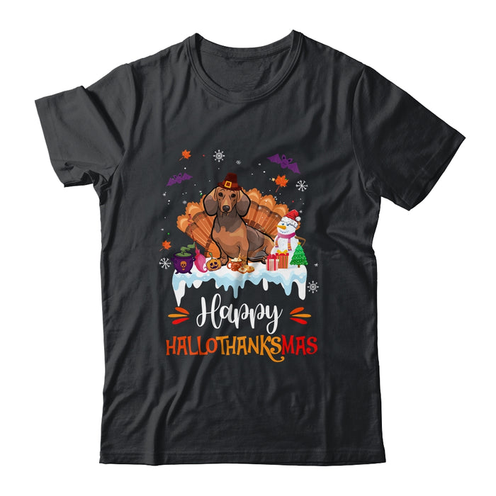 Dachshund HalloThanksMas Halloween Thanksgiving Christmas Unisex T-Shirt For Adult & Kids