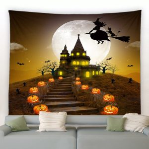 Flying Witch And House Halloween Garden Tapestry