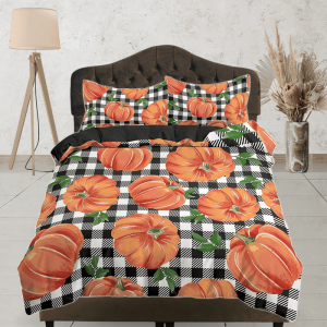 Gingham Plaid Pumpkin Halloween Full Size Bedding & Pillowcase