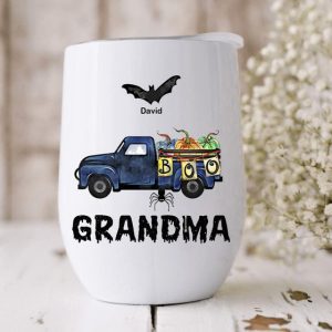 Grandma Car Halloween Grandkids Name Wine Tumbler - Unique Gift For Grandma