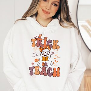 Groovy Halloween Trick or Teach Retro Floral Ghost Teacher Hoodie 1 1