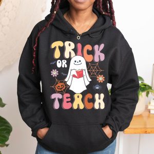 Groovy Halloween Trick or Teach Retro Floral Ghost Teacher Hoodie 1 2