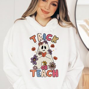 Groovy Halloween Trick or Teach Retro Floral Ghost Teacher Hoodie 1