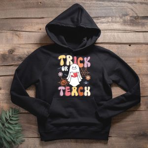 Groovy Halloween Trick or Teach Retro Floral Ghost Teacher Hoodie 2 2