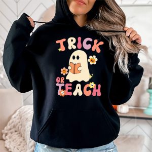 Groovy Halloween Trick or Teach Retro Floral Ghost Teacher Hoodie 2 7