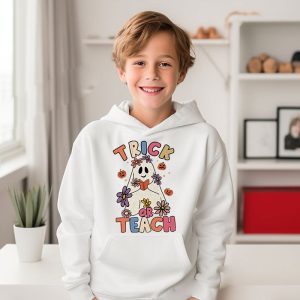 Groovy Halloween Trick or Teach Retro Floral Ghost Teacher Hoodie 5