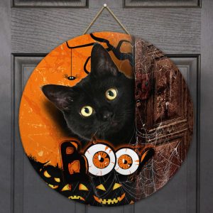 Halloween Black Cat Boo Round Wood Sign