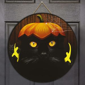 Halloween Decor Black Cat Round Wood Sign