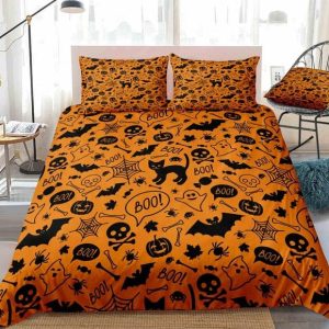 Halloween Skull And Bats Orange Bedding Set Bedroom Decor