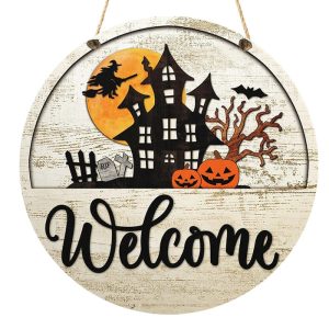 Halloween Welcome Round Wood Sign 1 1