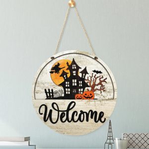 Halloween Welcome Round Wood Sign 2