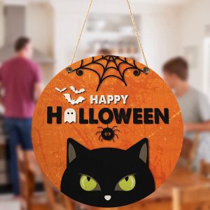 Happy Halloween Black Cat Round Wood Sign 1 1