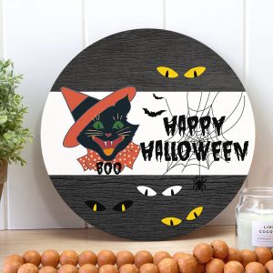 Happy Halloween Black Cat Round Wood Sign 1