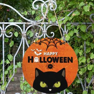 Happy Halloween Black Cat Round Wood Sign 2 1