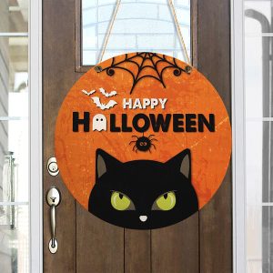 Happy Halloween Black Cat Round Wood Sign