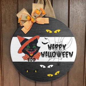 Happy Halloween Black Cat Round Wood Sign
