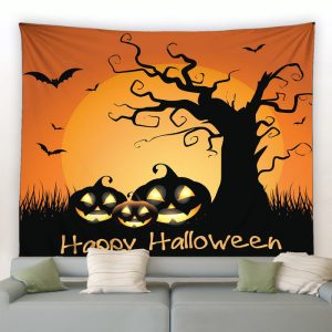 Happy Halloween Pumpkins And Tree Garden Tapestry