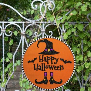 Happy Halloween Witch Bat Round Wood Sign 1