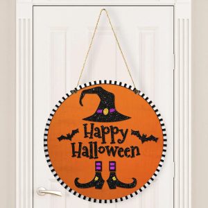 Happy Halloween Witch Bat Round Wood Sign 2