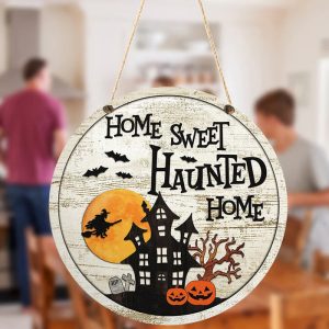 Haunted Home Halloween Round Wood Sign 1