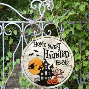 Haunted Home Halloween Round Wood Sign 2