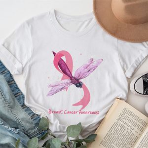 October Breast Cancer Month Breast Cancer Awareness Ribbon Dragonfly T-Shirt 3