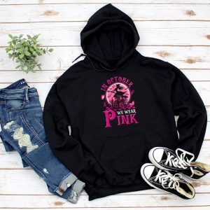 Pink Breast Cancer Shirts In October We Wear Pink Ribbon Witch Halloween Hoodie 1