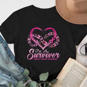 Pink Butterfly Heart IM A Survivor Breast Cancer Awareness T Shirt 1 2