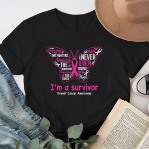 Pink Butterfly Heart IM A Survivor Breast Cancer Awareness T Shirt 1 3