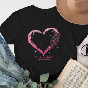 Pink Butterfly Heart IM A Survivor Breast Cancer Awareness T Shirt 1