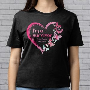 Pink Butterfly Heart IM A Survivor Breast Cancer Awareness T Shirt 3 1