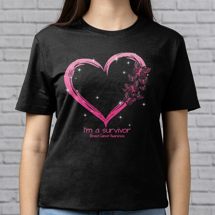 Pink Butterfly Heart IM A Survivor Breast Cancer Awareness T Shirt 3