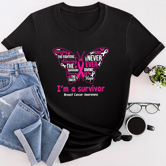 Pink Butterfly Heart I'M A Survivor Breast Cancer Awareness T-Shirt