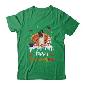 Pug Happy HalloThanksMas Halloween Thanksgiving Christmas Unisex T Shirt For Adult Kids 2