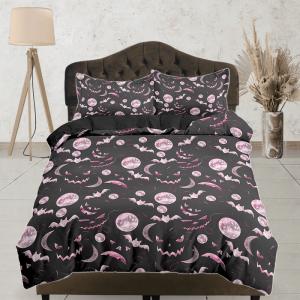 Pumpkin Faces And Bats Pink Halloween Bedding & Pillowcase