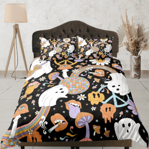 Retro Cute Ghost And Smiley 90s Halloween Bedding Hippie Duvet Cover Set