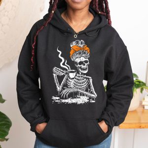 Skeleton Messy Bun Coffee Drinking Halloween Costume Women Hoodie 1 2