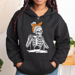 Skeleton Messy Bun Coffee Drinking Halloween Costume Women Hoodie 1 9