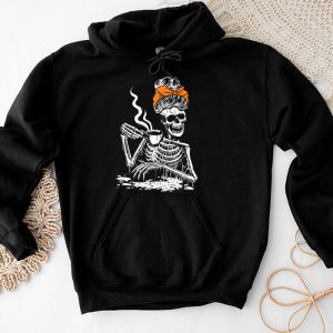 Skeleton Messy Bun Coffee Drinking Halloween Costume Women Hoodie 2 2