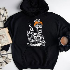 Skeleton Messy Bun Coffee Drinking Halloween Costume Women Hoodie 3 2