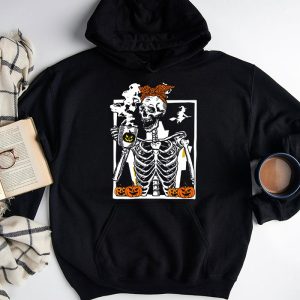 Skeleton Messy Bun Coffee Drinking Halloween Costume Women Hoodie 3