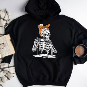 Skeleton Messy Bun Coffee Drinking Halloween Costume Women Hoodie 3 4