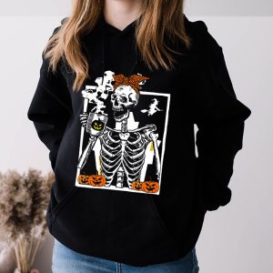 Womens Halloween Shirts Skeleton Messy Bun Coffee Drinking Cool Hoodie 1