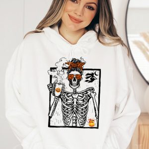 Skeleton Messy Bun Coffee Drinking Halloween Costume Women Hoodie 5 3