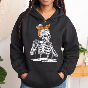 Skeleton Messy Bun Coffee Drinking Halloween Costume Women Hoodie 5 6