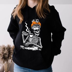 Womens Halloween Shirts Skeleton Messy Bun Coffee Drinking Cool Hoodie 3